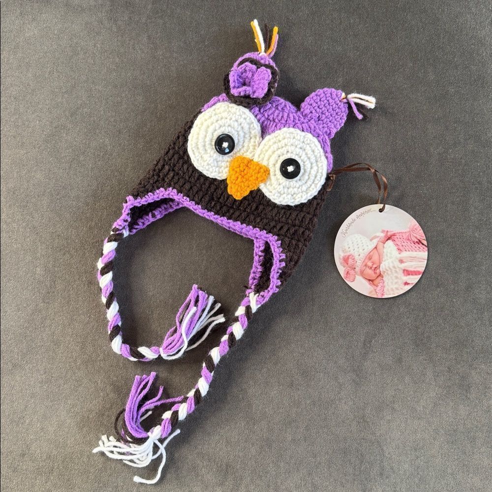 Daisy Baby Infant Owl Beanie Hat Ruby in Purple Photography 0-6 months NWT